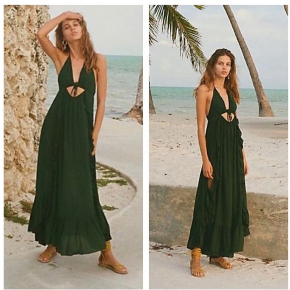 Free People Yvette Cut Out Maxi Dress Ruffle Endless Summer Emerald Green Medium